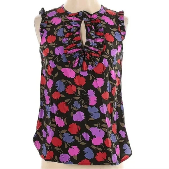 NWOT J. Crew Painted Pansy Floral Ruffle Silk Tank Blouse, Size 6 - Picture 2 of 5